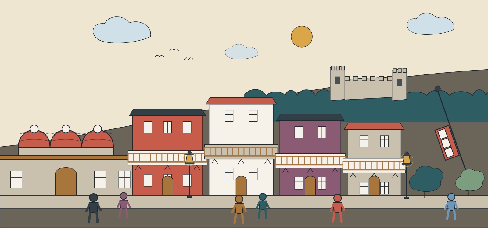 Illustration of old Tbilisi: carved wooden balconies, the brick domes of the sulfur baths and the funicular climbing the hillside