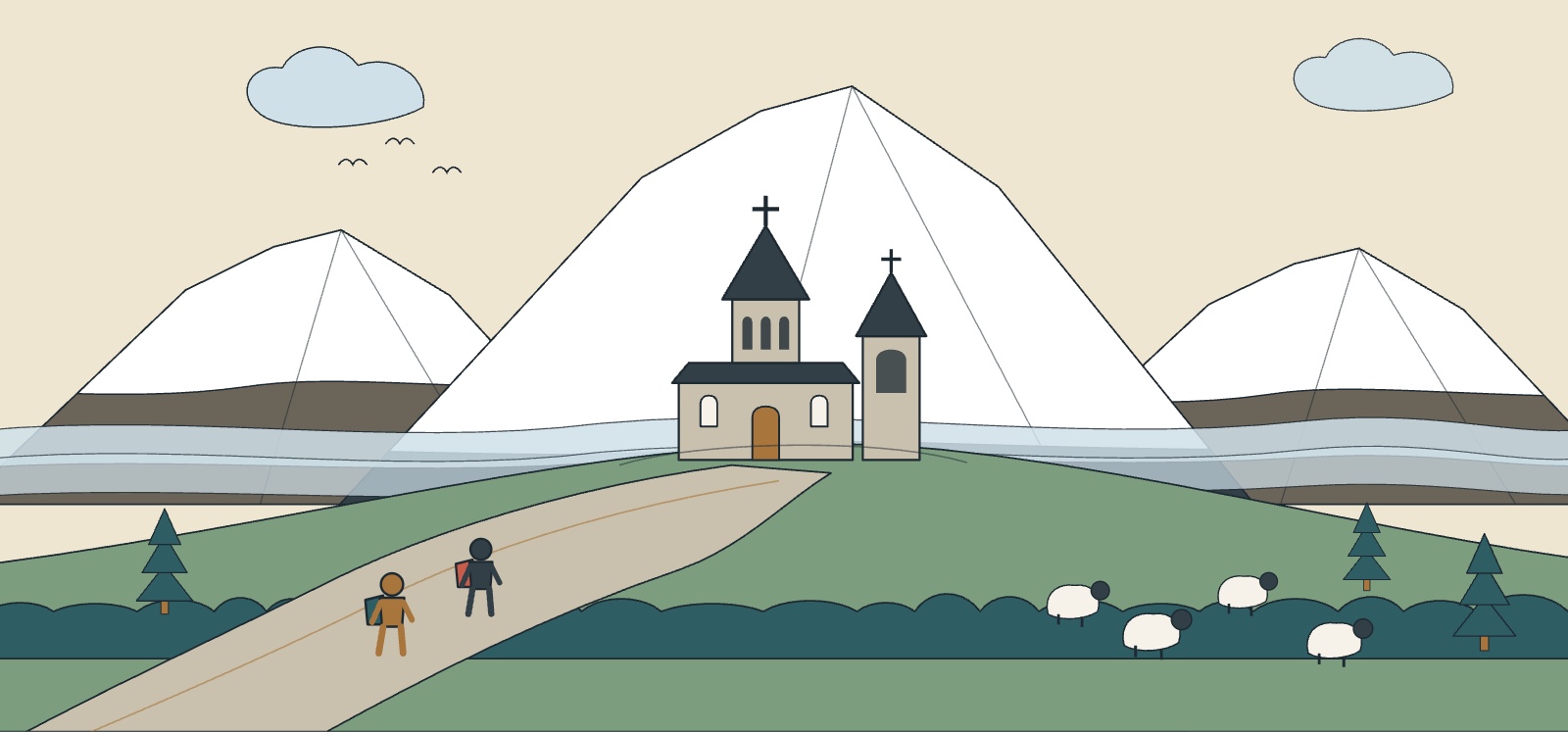 Illustration of the Gergeti Trinity Church below Mount Kazbek, with the mountain road and mist across the valley