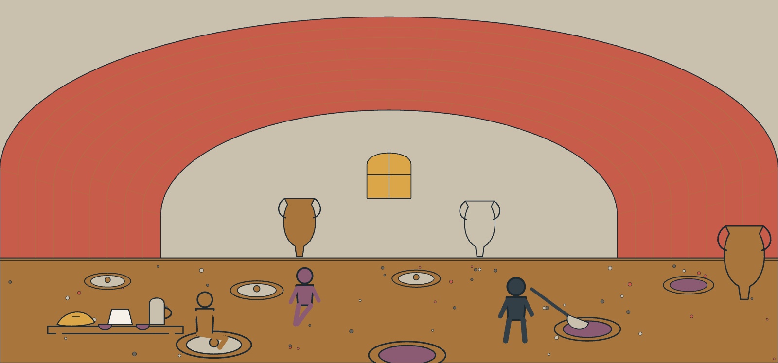 Illustration of a Georgian qvevri cellar: clay vessels buried in an earth floor, a winemaker, bread and cheese on a table